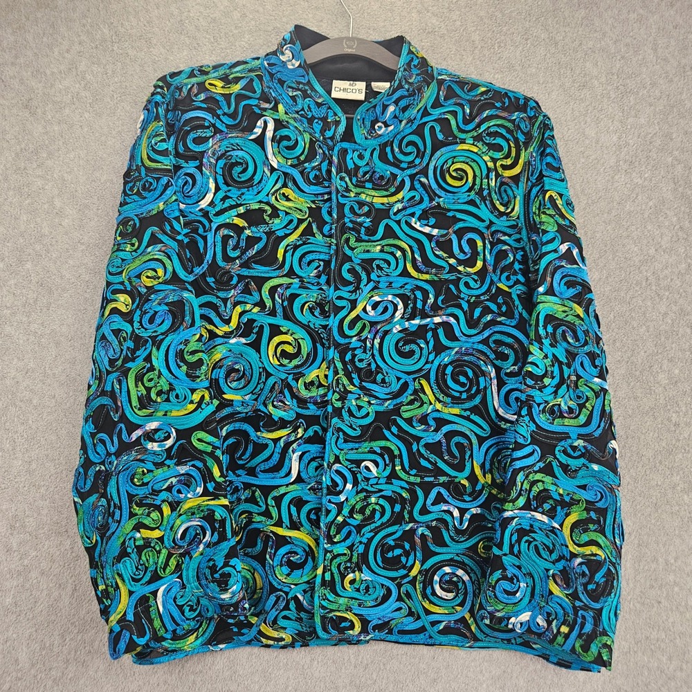 CHICO'S | 100% Silk Ribbon Soutache Swirl Jacket Blue Green Sz 2 L Artistic